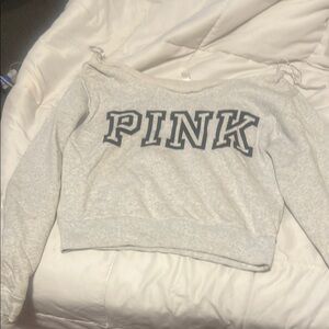 Light Gray Off-Shoulder Sweatshirt with PINK Logo